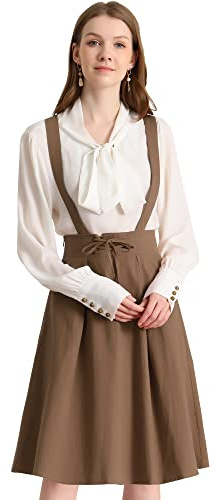 Allegra K Women's Cute Suspender Skirt High Waist Overall Corset Skater Skirt Short Mini Dress Large Dark Brown