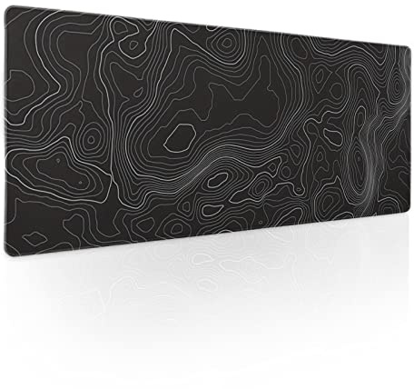 Toographic Contour Black Gaming Mouse Pad XL Geographic Map Lines Extended Large Desk Cover Big Table Mat Non-Slip Rubber Base Stitched Edge Long Keyboard Playmat for Gamer,31.5×11.8 Inches