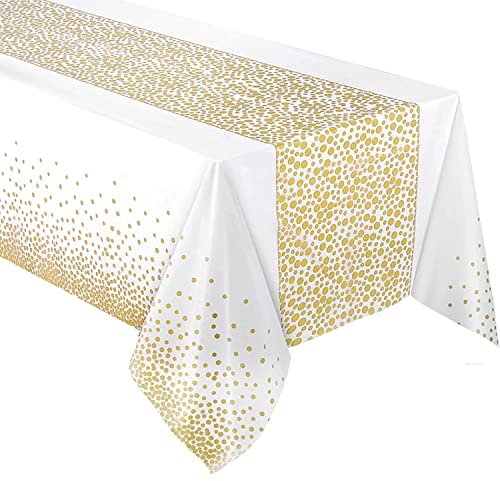 Yiran 137x274cm Nappes de Fête Imperméable, Blanc Nappe de Table Réutilisable, Nappe à Pois Dorés, Couverture de Table, Rectangulaire Nappe en Plastique pour Mariage Anniversaires Noël