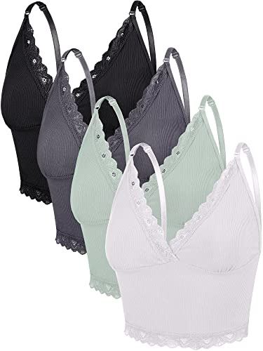 4 Camisolas sin Mangas Mujer Top Corto Acanalado con Tirante de Espagueti Cuello en V Ribete Encaje (Colores Elegantes, M)