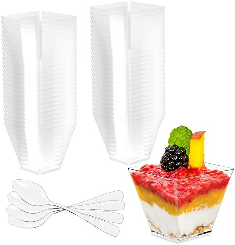 Newaner 50 Piezas 2oz/60ml vasos para postres con Cucharas Plástico, tazas copas cuencos de postre Reutilizables Cuadrados Transparentes para Pudín, Mousse, Helado, Cumpleaños, Bodas