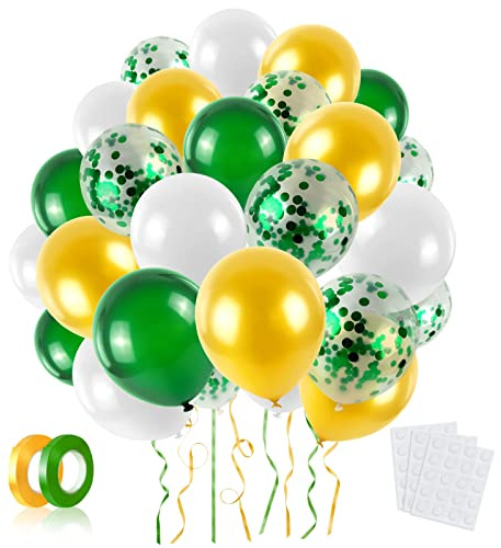 LAPONO Luftballons Grün Gold Weiß 60 Stück, Konfetti Luftballons aus Latex, Ballongirlande Deko Set mit Band und Klebepunkten für Geburtstag, Hochzeit, Babyparty, Taufe, Abschlussfeier, Party