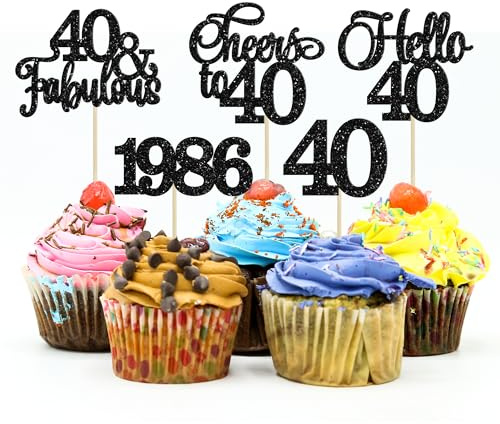 Gyufise 30Pcs 40th Birthday Cupcake Toppers 40 Fabulous Cupcake Picks Cheers to 40 1986 Cake Decorations for Happy 40th Birthday Wedding Anniversary Party Decoration Supplies Black