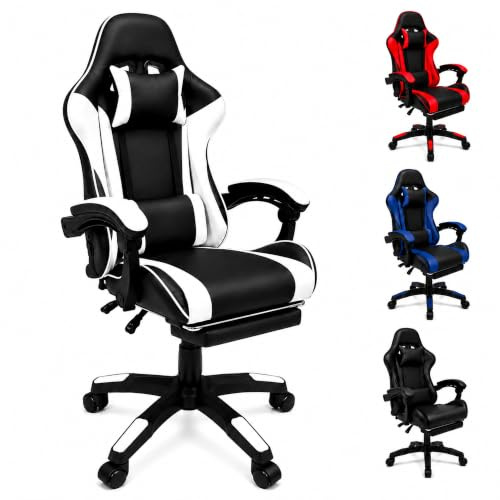 SISA BY GL – Sedia Gaming Ergonomica Reclinabile fino a 135°, con Poggiapiedi, Supporto Lombare e Poggiatesta, Rotazione 360°, Pistone a Gas, Pelle Sintetica Nera – Sedia Gaming Bianco/Nera