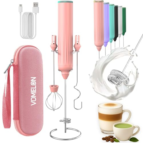 Milk Frother Handheld with 3 Stainless Steel Whisks, Rechargeable Electric Drink Mixer with Stand & Travel Case, Milk Foamer for Coffee, Latte, Cappuccino, Hot Chocolate, Egg,Jam Supplement-Pink
