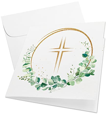 Klappkarten mit Kreuz & Eukalyptus, 10er Set: Einladungskarten Kommunion, Konfirmation, Firmung, Taufe & Hochzeit, Dankeskarte mit Umschlag, Kommunionskarten Junge & Mädchen, Grün & Gold, 15 x 15 cm