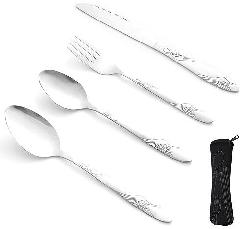 4 Pcs Travel Cutlery Set with Portable Pouch Case, Stainless Steel Flatware Set, Portable Cutlery Set with Spoon Knife and Fork Set Outdoor Travel Picnic Office School, Dishwasher Safe