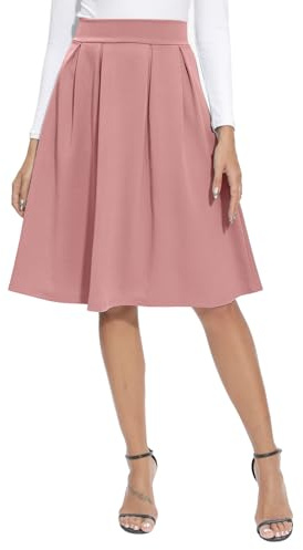 REORIA Damen Rock Faltenrock Klassischer Einfarbiger Plisseerock Knielanges Skirt Röcke Strickrock Tennisrock Rosa L