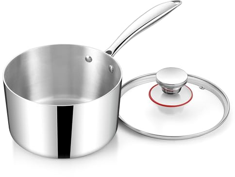 HaWare Stielkasserolle, 14cm Milchtopf Kochtopf Induktion mit Glasdeckel, 3-Lagen Edeastahl Kleiner Topf für alle Herdarten, 1,4L Kasserolle zum Kochen, Gesund & Unbeschichtet, Spülmaschinenfest