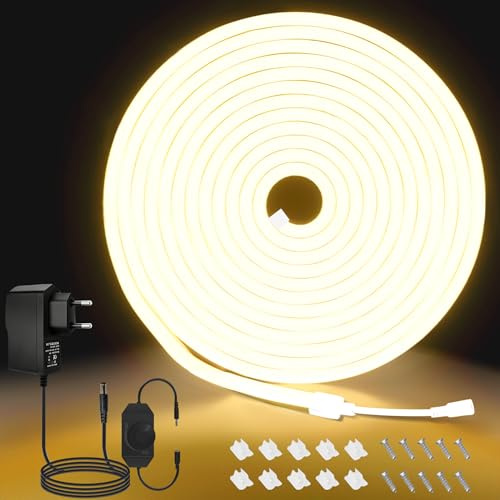 Neon LED-remsa – 5 m varmvit, 12 V dimbar vattentät 3000 K neon LED-remsa, DIY flexibel neon LED-ljusremsa för hemmet, köket, dekoration (med nätadapter)