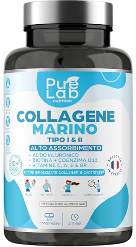 Collagène Marin Hydrolysé Type 1 et 2 + Acide Hyaluronique + Biotine & Coenzymes Q10 + Vitamines C, A, E, B9 - Cure 2 Mois, 60 Comprimés 1000mg - Peau, Articulations, Cheveux & Anti-âge