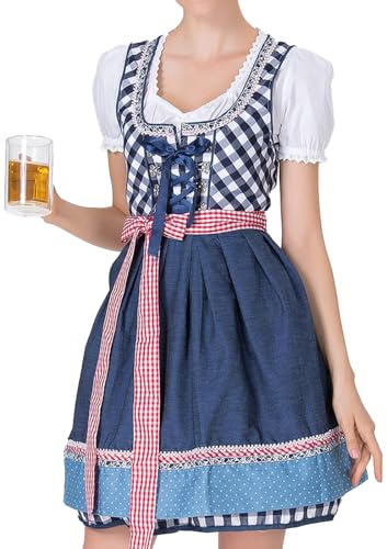 Hipantall Dirndl Dam Midi Traditionell Klänning - Kostymmode, Bayersk Karnevalsfest, 3-Delad Med Förkläde och Skjorta för Oktoberfest, Blå, XXL