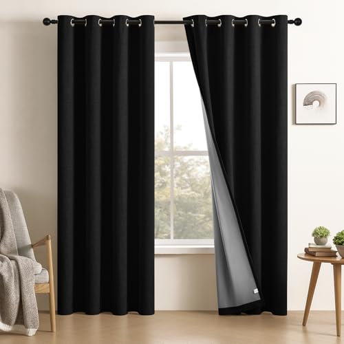 CUCRAF Fenstervorhänge, 100% verdunkelnd, 183 cm lang, 2 Paneele, Leinenoptik, wärmeisoliert, Ösenvorhänge, Raumverdunkelungsvorhang für Schlafzimmer, Wohnzimmer, (B 132 x L 183 cm, Schwarz)