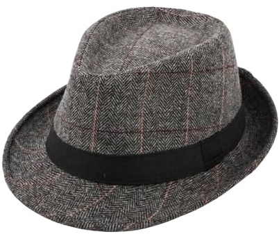 Cappello da uomo classico a quadri Manhattan, strutturato, stile Trilby Fedora Panama, stile cubano, derby, jazz-cappello con fascia (grigio)