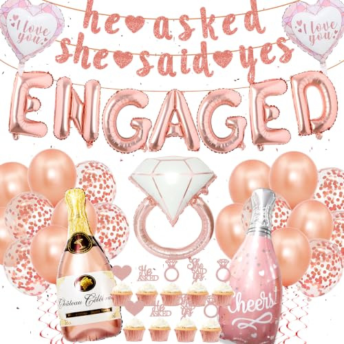Roségold Verlobung Deko Set, 60 Stück Engaged Luftballons Banner | she said yes deko, bachelorette party folienballon, rosegold Tortendeko
