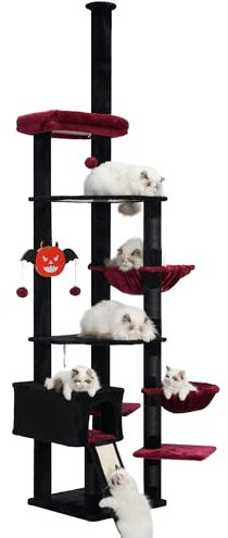 Heybly Kratzbaum deckenhoch, für große Katze, Katzenbaum vom Boden bis zur Decke verstellbar, höhenverstellbar (235-265cm), 2 Korb，Plüschbälle,mehrstöckiger Katzenkratzbaum, Schwarz + Rot HCT091BR