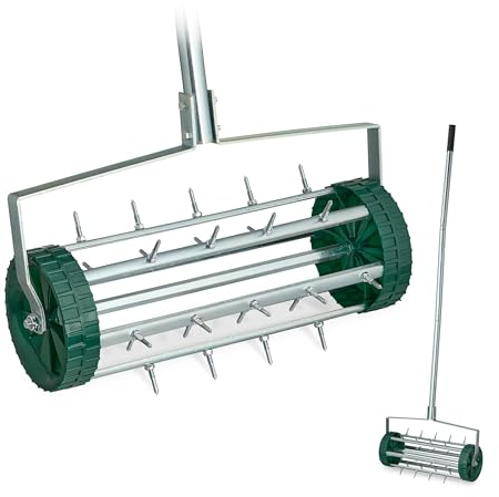 Relaxdays Rolling Lawn, Handle, Grass Roller with Spikes, HWD: 145x44x21 cm, Manual Aeration, Silver/Green, Steel, Plastic