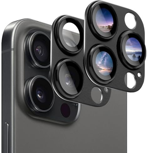 Protecteur d'objectif d'appareil photo (lot de 2) pour iPhone 15 Pro et iPhone 15 Pro Max Protection d'objectif d'appareil photo, cadre en métal en verre trempé 9H compatible avec les étuis (noir)