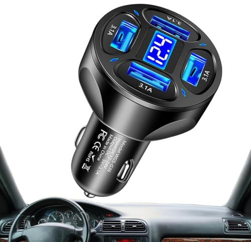 Puerto de Cargador de Coche USB 4 en 1 con Pantalla Digital LED - Adaptador para Mechero con 4 Puertos USB 3.1A para Teléfono Celular