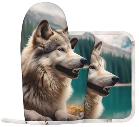 Lot de 2 maniques et maniques en silicone antidérapant résistant à la chaleur Motif loup