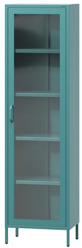 Jan Nowak 1-türiger Vitrinenschrank - Luigi | 50 x 180 x 35 cm | 4 Verstellbare Ablagen, Gehärtetes Glas, Wandmontage | Glasvitrine Stehend, Vitrine Glas, Wohmzimmerschrank Glitzernd | Marine