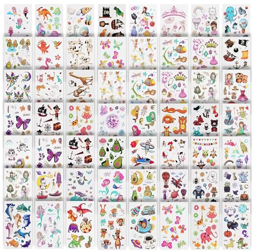 555+ Unique Temporary Tattoos, 60 Sheets of Waterproof Mermaid, Dinosaur, Baby Shark & Animal Designs - Ideal for Party Bags, Birthday Gifts, Festivals, and Fun Activities, Fake Tattoo Set