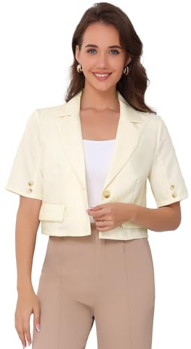 Allegra K Donna Blazer Corto da Lavoro Casual, A Maniche Corte, con Un Bottone Beige M