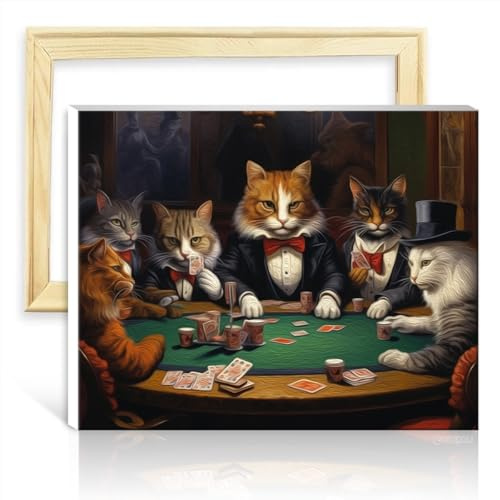 TANGFEIY Ölgemälde-Set für Leinwand, Katzen spielen Poker, DIY-Ölgemälde-Sets auf Leinwand mit Pinseln und Acrylpigmenten auf Leinwand, Wandkunst, lebendig, ohne Rahmen (40 x 50 cm)