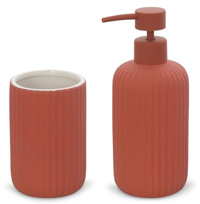 Inbagno Set Accessori Bagno 2 Pezzi in Ceramica Rosso Mattone cannettato, Dispenser Sapone e portaspazzolini Soft Touch, Spring