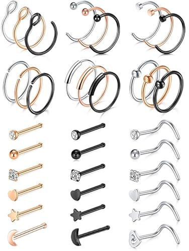 Tolldek Edelstahl Ring Piercing Nase 36Pcs, 20 Gauge Stud und Hoop Stern Mond Nasenpiercing Ring Dünn Tricolor, Knorpel Ohrringe Set mit Zirkonia, Lippen Ohr Nasen Piercing Schmuck Set Damen