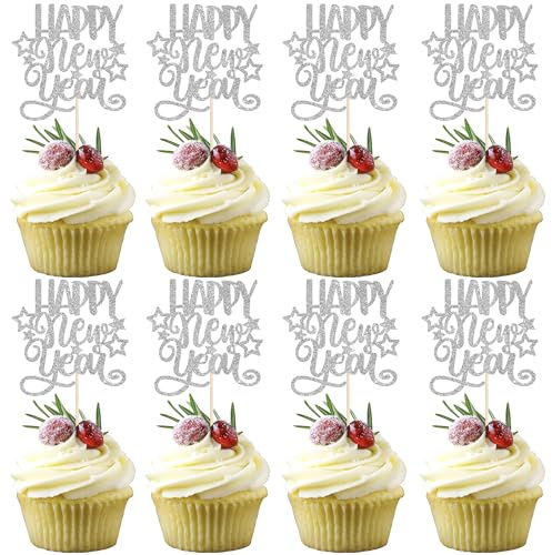 24 Stück Happy New Year Tortendeko Glitzer Hallo 2026 Cupcake Toppers 2026 Gutes neues Jahr Kuchen Deko für Willkommen 2026 Frohes Neues Jahr Party Torten Dekoration Silber