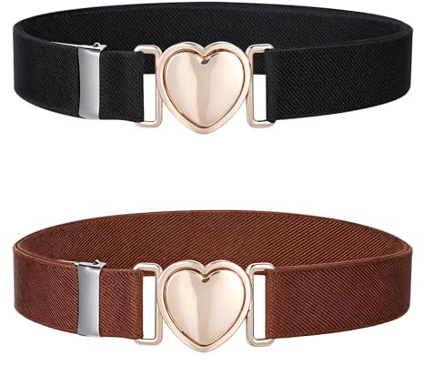 2Pcs Girls Belt, Elastic Waist Belts for Girls Boys Adjustable Heart Buckle Stretch Belts for Pants Jeans Dress (Black and Brown)
