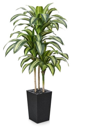 VeriNatural Künstlicher Drachenbaum 150 cm Kunstpflanzen Groß - UV-beständige künstliche Pflanze mit 57 Blättern, Schwarze Topf & Flusssteinen - Deko Pflanze für Wohnzimmer Büro Indoor Outdoor, VN127