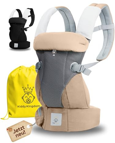 KIDDY KINGDOM Ergonomische Babytrage Neugeborene ab Geburt - 3 in 1 Multifunktionale Kindertrage von 0-36 Monaten - Baby Trage mit 3D SOFT MESH - Baumwolle - Baby Tragegurt Baby Tragetasche beige