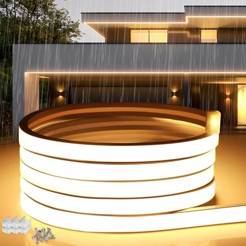 SUCIKORIO Neon LED Streifen 15m, Silikon Wasserdicht Feuerfest IP65 Led Strip Warmweiss 3000K 10mm Led-Lichterkette Außen 230V Flexibler DIY Lichtband Aussenbereich mit Netzteil für Haus, Party, Küche