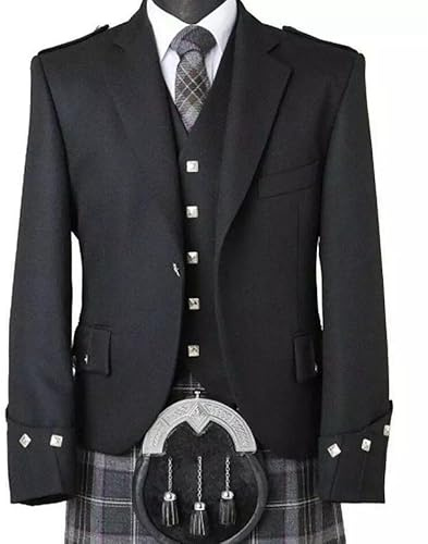 Bingo Sale Elegant Scottish Argyle Kilt Jacket & Waistcoat – Premium Serge Wool Highland Wear (UK, Numeric, 42, Regular, Regular, Black)