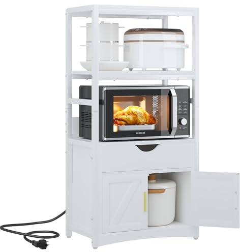 VECELO 2-Tier Kitchen Pantry Storage Cabinet with Charging Station, Freestanding Tall Cupboard with Wider and Taller Microwave Space, Farmhouse Style with Shelves and Drawer,White