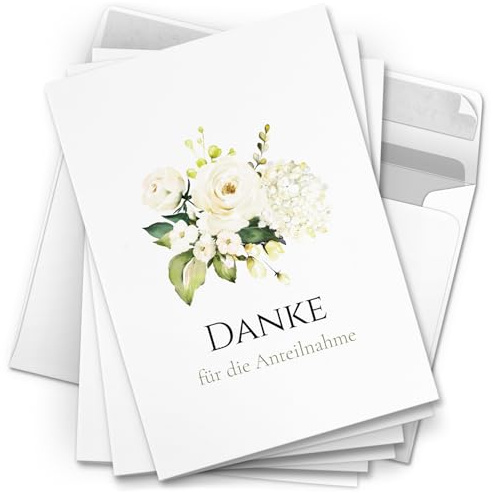 Danksagungskarten Trauer – 10 Klappkarten mit Umschlägen – Motiv: Weisse Rosen – Trauerkarten Danksagung mit Text – Dankeskarten Trauer nach Beerdigung