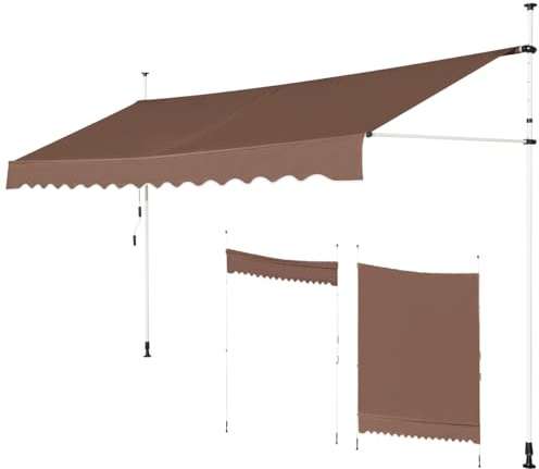 GOPLUS Klemmmarkise 400cm breit, Markise Balkon ohne Bohren, Markise mit Handkurbel, UV-beständig höhenverstellbar wasserabweisend, Sonnenschutz für Balkon Terrasse & Garten (Brau, 400cm)