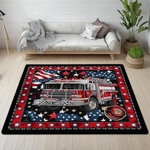 Dpvbffx Feuerwehrwagen Teppich Wohnzimmer Schlafzimmer | Feuerwehr Fahrzeuge Auto Kurzflor Teppich 140x200 cm, Feuerwehrmann LKW Teppiche Antirutsch Weich Waschbare Teppiche