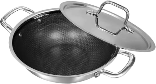 Nobel Stainless Steel Non Stick Wok (Kadai) with Lid - Nutri-Tech Triply Ceramic Coating, Honey Comb Design All Hob Friendly (22 cm Diameter)
