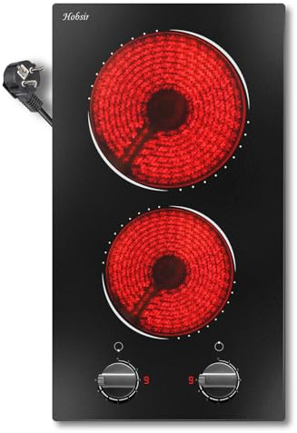 Glaskeramikkochfeld 2 zonen mit stecker, Hobsir Kochfeld Drehknopf Autark, Einbau oder Mobile 30CM, 3000W, Infrarotheizung, 230V