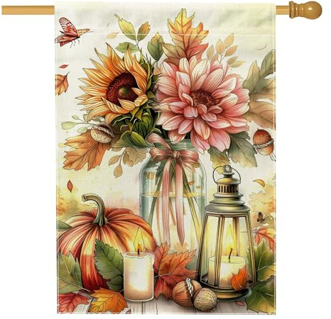 Drapeau de jardin floral d'automne, tournesols oranges et dahlia de pêche, bannière de décoration d'intérieur, drapeau double face en toile de jute, décoration extérieure saisonnière 71 x 101,6 cm