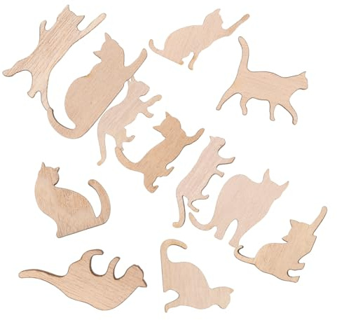 Mikikit 12 piezas Figuras de Madera de Gato para Pintar Recortes de Madera sin Terminar para Manualidades DIY Materiales de Pintura para Decoración de Fiesta y Hogar
