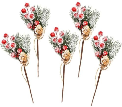WIIYENA 5/10 piezas de bayas de pino artificiales para decoración de Navidad, flor de acebo, adorno de ramas de Navidad, decoración de árbol de Navidad, bolsa de almacenamiento