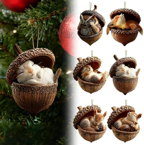 Weihnachtsbaumschmuck Waldtier Eichels Ornamente, 2D Acryl Flache Tier Hängenden Weihnachtsbaum Anhänger Niedliche Eicheln Tannenzapfen Christbaumschmuck Kaminsims, Wohnzimmer Ornament (6*braun)