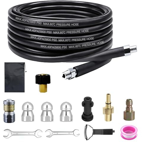 Tuyau de nettoyage de canalisations pour nettoyeur haute pression 10 m - Kit universel avec buses et adaptateur - 200 bar - Convient pour nettoyeur haute pression comme Karcher K2-K7 et Bosch - Pour