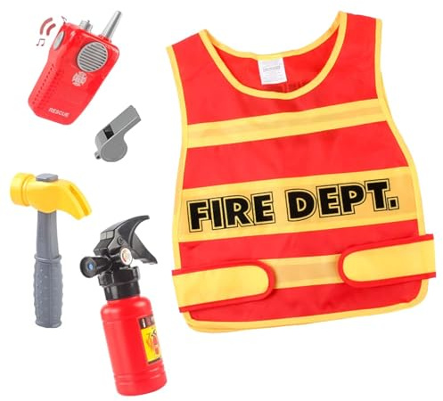 5 Piezas Disfraz Bombero Niño, Chaleco de Bomberos, Extintor y Accesorios Set Juego de Rol Carnaval, Traje de Bombero Infantil Disfraces para Halloween Navidad, Educación sobre Simulacros de Incendio