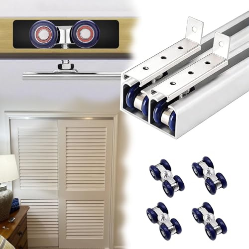 Vibeo Binario per Porta Scorrevole Binario per Porta Bypass con Montaggio Superiore, Ferramenta per Porta Scorrevole Doppia con Rulli, Kit Giuntato per Anta a Scomparsa(Silver,280cm(9.2ft))