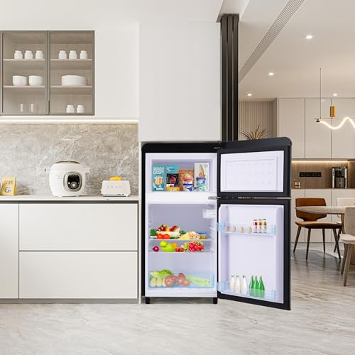 Frigorifero retrò, 72 l, doppia porta con congelatore da 21 l, classe energetica E, 39 dB, silenzioso, compatto per cucina, nero e multicolore, con ripiani regolabili e piedini di livellamento